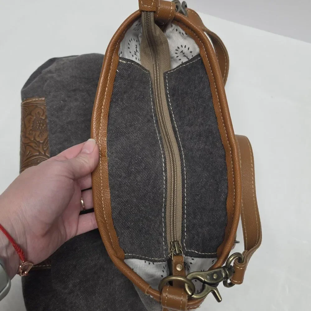 MYRA Bag Tapestry Cotton Calf Hair Tooled Leather Distressed Crossbody Western